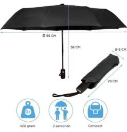 Merkloos Automatische Stormparaplu - Paraplu – Opvouwbaar & Windproof Tot 100km P/u - Ø 95 Cm - Zwart -Regenjassenwinkel 1149x1200
