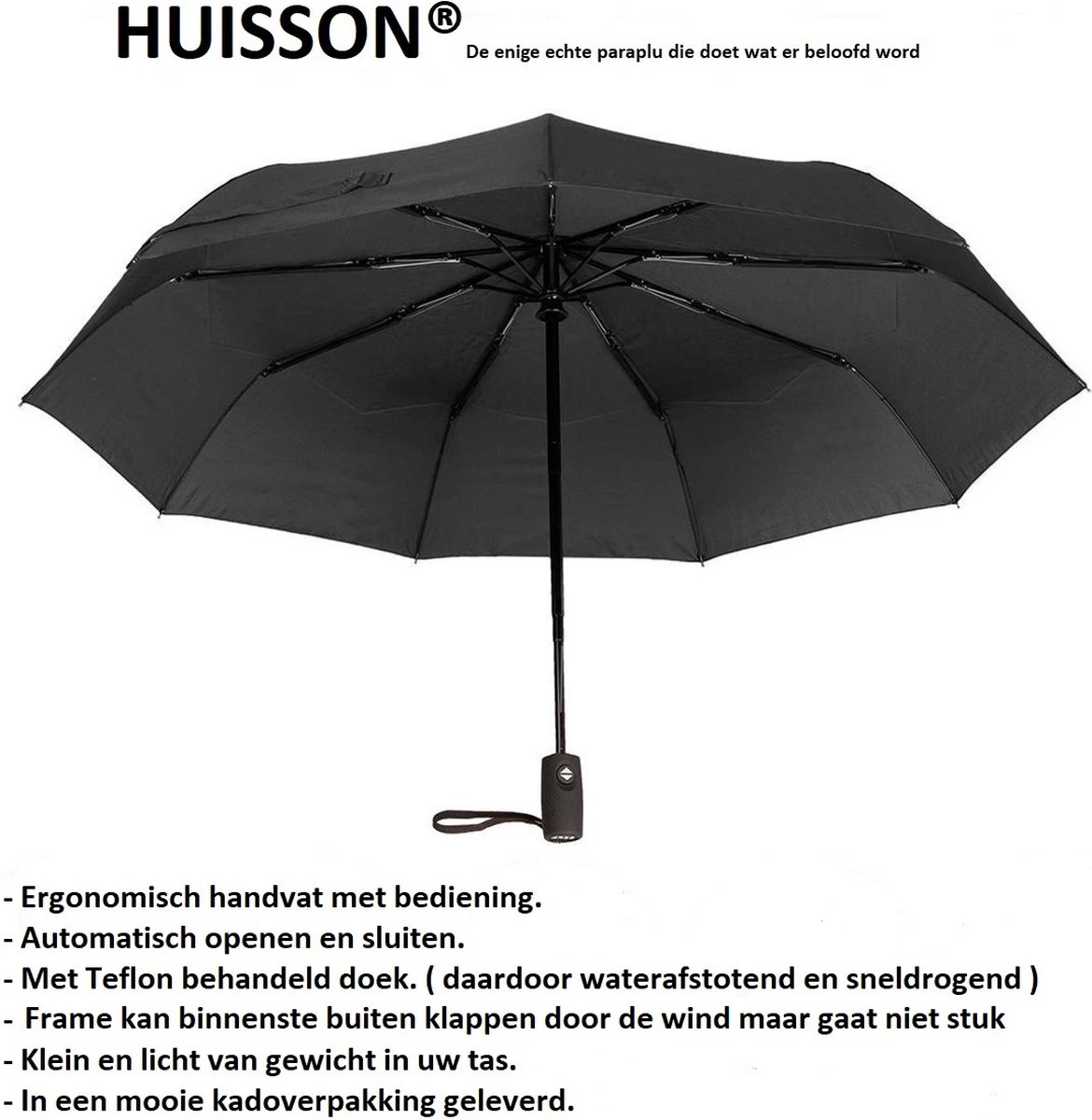 HUISSON Paraplu Stormparaplu Automatisch Uit En Inklapbaar Opvouwbaar Lichtgewicht 330 Gram Windproof Zwart 11 HUISSON Paraplu Stormparaplu Automatisch Uit En Inklapbaar Opvouwbaar Lichtgewicht 330 Gram Windproof Zwart - Afbeelding 9