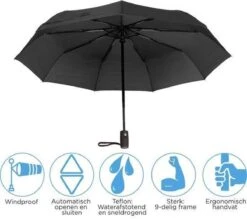 HK-Goodies- Automatische Stormparaplu - Paraplu - Automatisch, Opvouwbaar & Windproof Tot 100km P/u - Inclusief Beschermhoes - Ø 95 Cm - Extra Sterk - Dubbele Laag - Zwart -Regenjassenwinkel 1200x1066