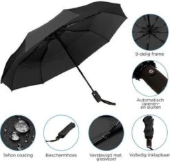 Merkloos Automatische Stormparaplu - Paraplu – Opvouwbaar & Windproof Tot 100km P/u - Ø 95 Cm - Zwart -Regenjassenwinkel 1200x1141