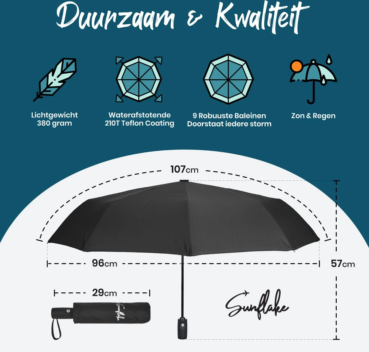 Sunflake Stormparaplu Opvouwbaar - Stormbestendig Tot 140km/u - Automatisch Uitklapbaar - Incl. Beschermhoes En Reisetui - Zwart 7 Sunflake Stormparaplu Opvouwbaar - Stormbestendig Tot 140km/u - Automatisch Uitklapbaar - Incl. Beschermhoes En Reisetui - Zwart - Afbeelding 5