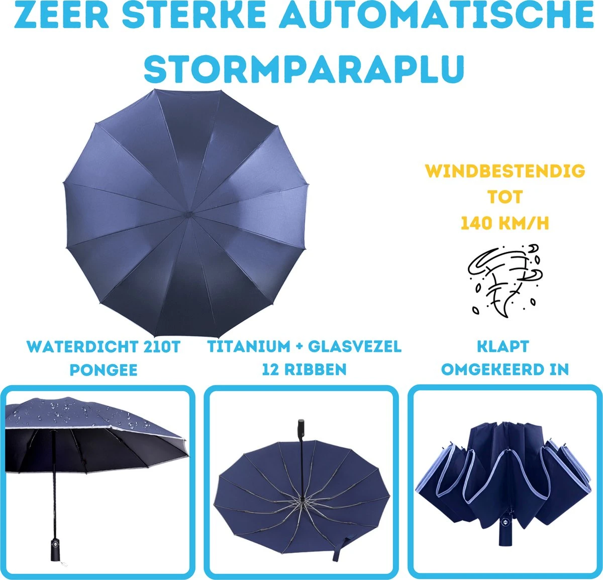 Stormparaplu - Paraplu - Opvouwbaar - Reflecterend - Automatisch Omgekeerd Uitklapsysteem - Windbestendig Tot 140 Km/h - Incl. Luxe Beschermhoes 5 Stormparaplu - Paraplu - Opvouwbaar - Reflecterend - Automatisch Omgekeerd Uitklapsysteem - Windbestendig Tot 140 Km/h - Incl. Luxe Beschermhoes - Afbeelding 3