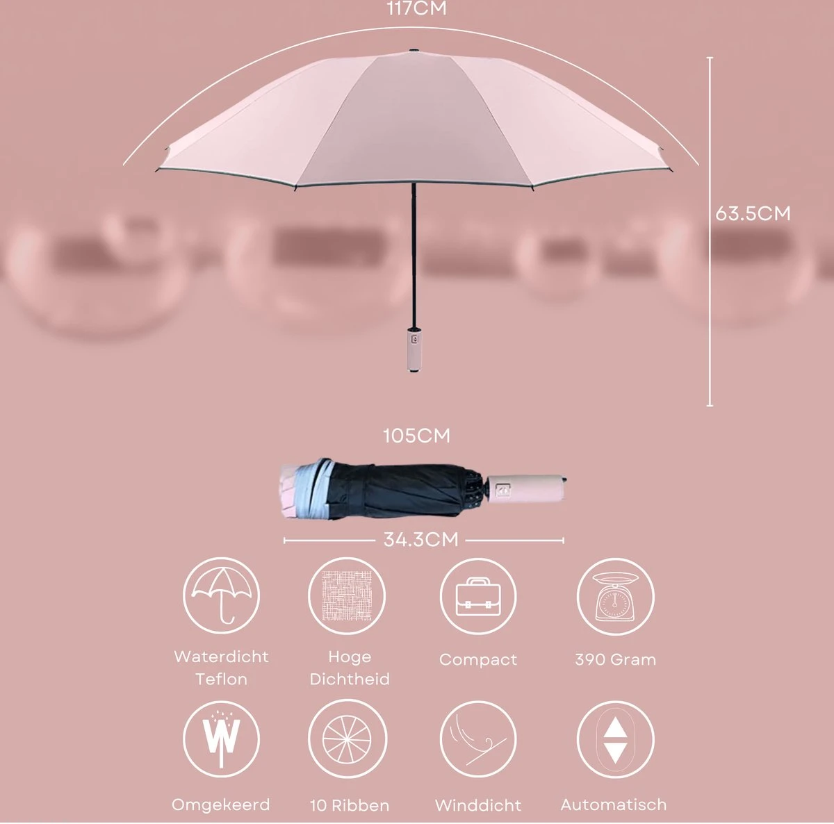 Tamarow™ Automatische Opvouwbare Paraplu - Omgekeerd Design - Windproof - Lichtgewicht - Reflectie - Omgekeerd Design - Roze 6 Tamarow™ Automatische Opvouwbare Paraplu - Omgekeerd Design - Windproof - Lichtgewicht - Reflectie - Omgekeerd Design - Roze - Afbeelding 4