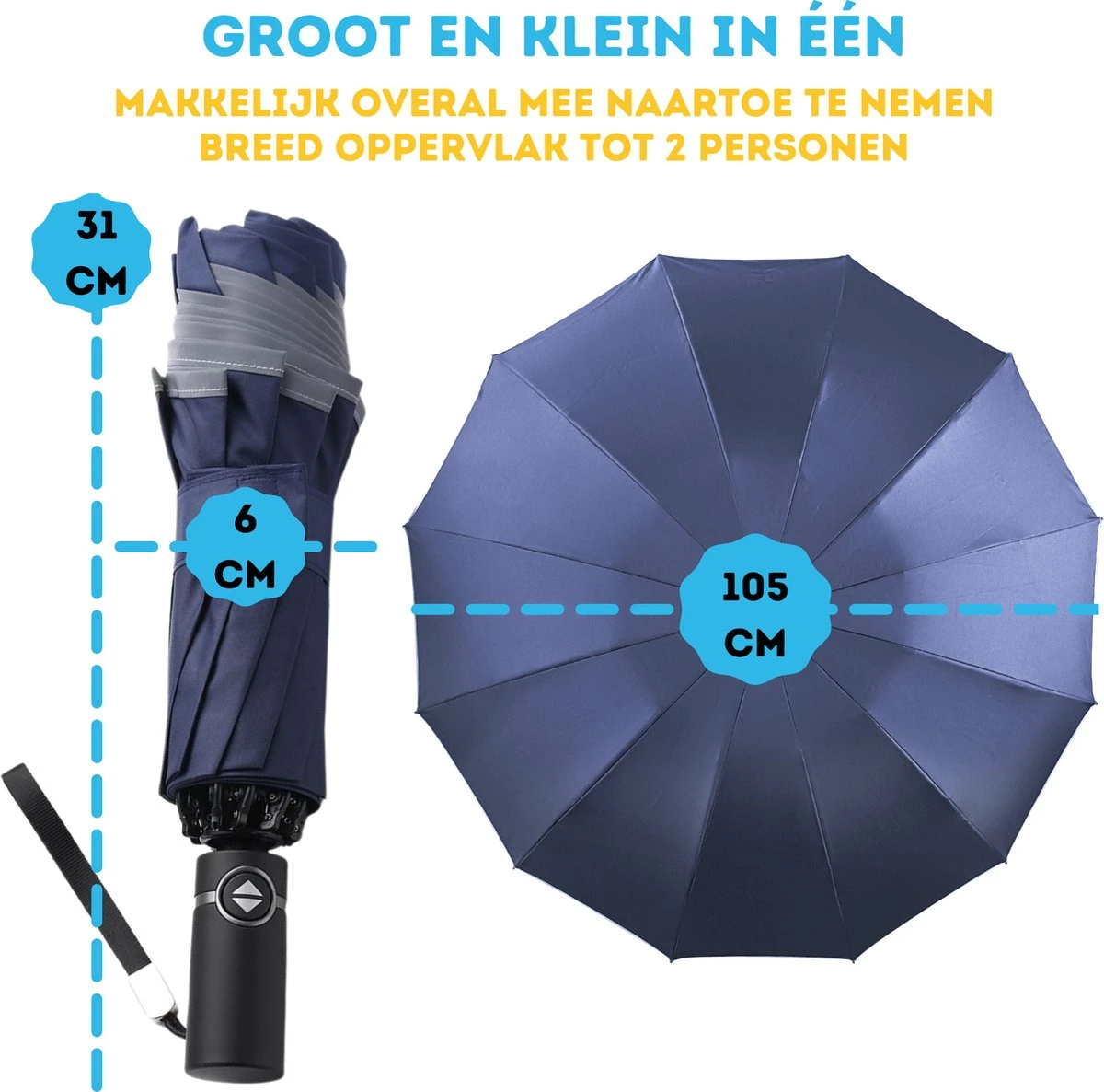 Stormparaplu - Paraplu - Opvouwbaar - Reflecterend - Automatisch Omgekeerd Uitklapsysteem - Windbestendig Tot 140 Km/h - Incl. Luxe Beschermhoes 6 Stormparaplu - Paraplu - Opvouwbaar - Reflecterend - Automatisch Omgekeerd Uitklapsysteem - Windbestendig Tot 140 Km/h - Incl. Luxe Beschermhoes - Afbeelding 4