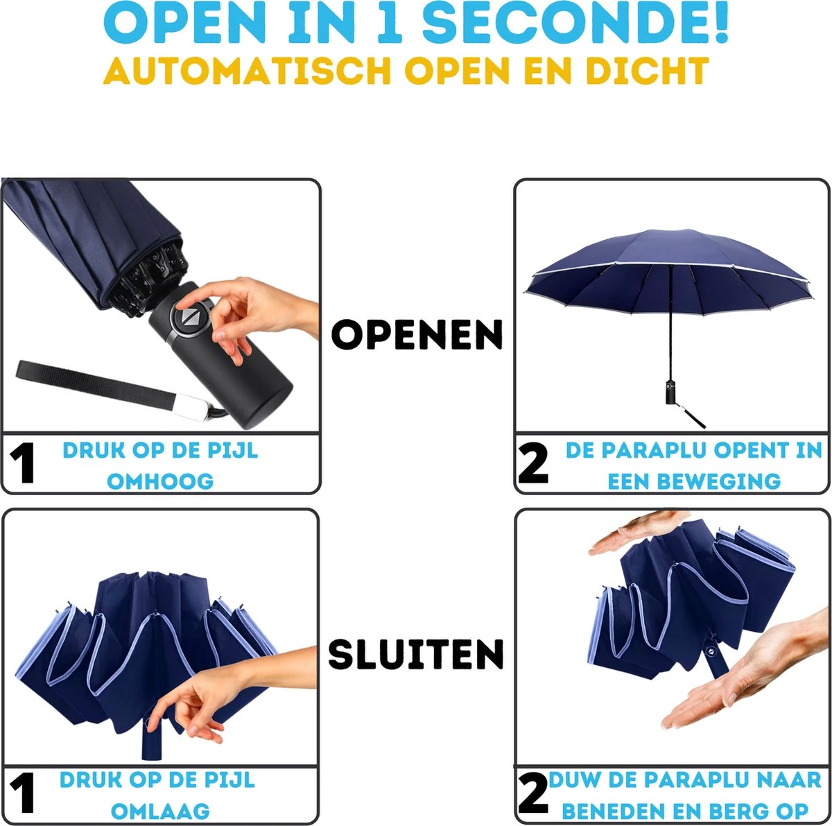 Stormparaplu - Paraplu - Opvouwbaar - Reflecterend - Automatisch Omgekeerd Uitklapsysteem - Windbestendig Tot 140 Km/h - Incl. Luxe Beschermhoes 9 Stormparaplu - Paraplu - Opvouwbaar - Reflecterend - Automatisch Omgekeerd Uitklapsysteem - Windbestendig Tot 140 Km/h - Incl. Luxe Beschermhoes - Afbeelding 7