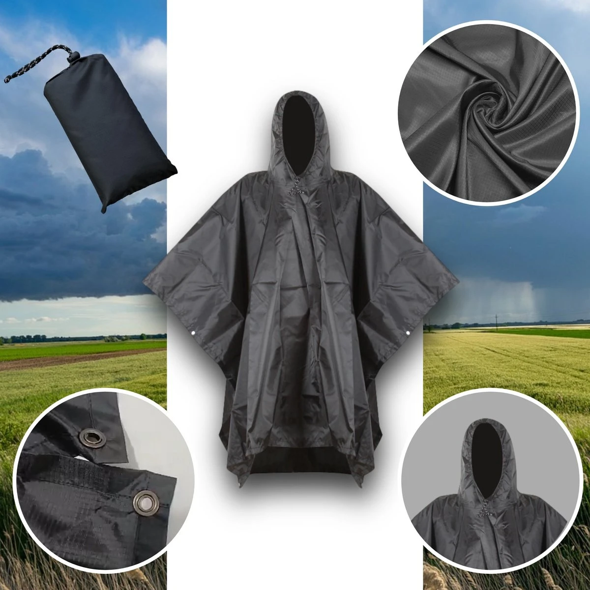 Regenponcho / Fietsponcho Herbruikbaar Voor Volwassenen ( Dames En Heren ) - 200x110cm - 100% Ripstop Polyester - Zwart 4 Regenponcho / Fietsponcho Herbruikbaar Voor Volwassenen ( Dames En Heren ) - 200x110cm - 100% Ripstop Polyester - Zwart - Afbeelding 2
