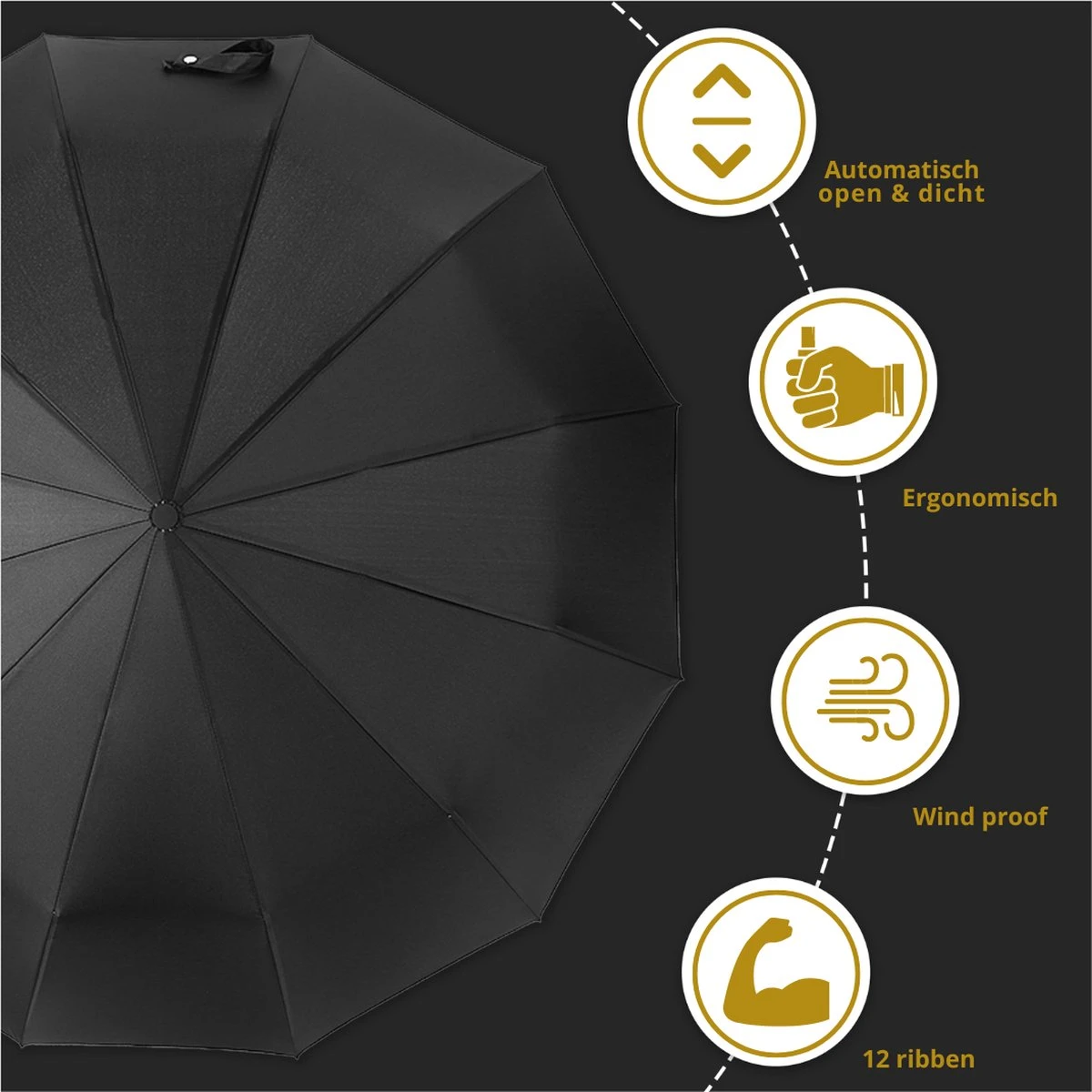 Stormparaplu Opvouwbaar - Paraplu - Automatische Stormparaplu - Tot 110km P/u Windproof - 12 Ribben 6 Stormparaplu Opvouwbaar - Paraplu - Automatische Stormparaplu - Tot 110km P/u Windproof - 12 Ribben - Afbeelding 4