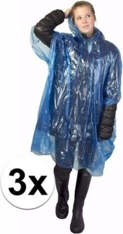 Merkloos 3x Wegwerp Regenponcho Blauw - Poncho -Regenjassenwinkel 632x1200
