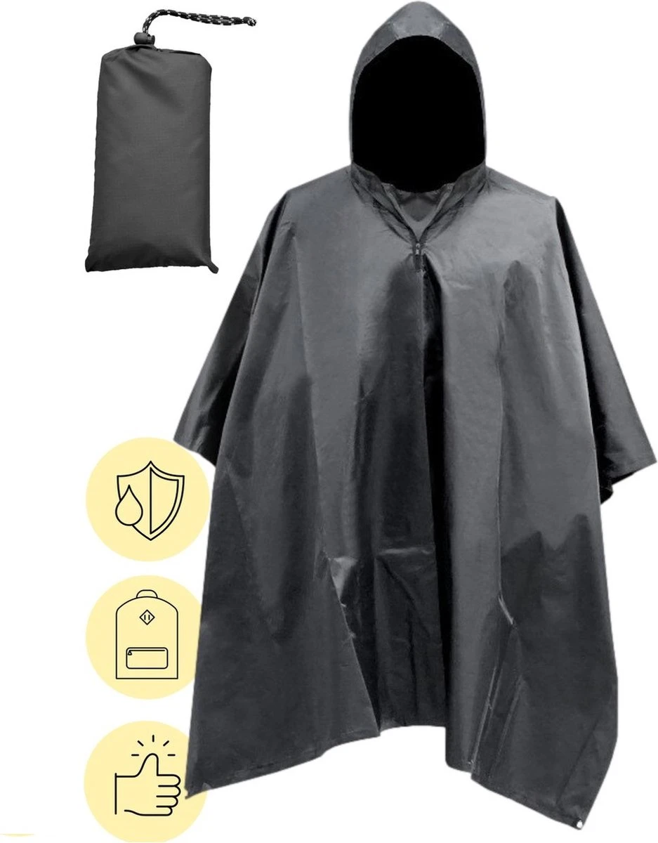Regenponcho / Fietsponcho Herbruikbaar Voor Volwassenen ( Dames En Heren ) - 200x110cm - 100% Ripstop Polyester - Zwart 3 Regenponcho / Fietsponcho Herbruikbaar Voor Volwassenen ( Dames En Heren ) - 200x110cm - 100% Ripstop Polyester - Zwart